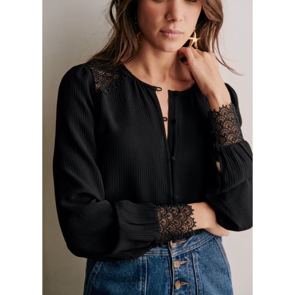Sezane Clem Shirt Black Lace Trim Ribbed Blouse Size 36